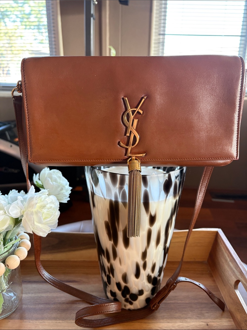 Saint Laurent Cognac Leather Envelope Crossbody with Gold YSL Tassel